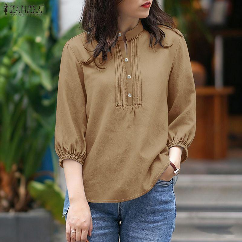 ZANZEA Damska codzienna bluzka z luźnym krojem, ze stójką, w jednolitym kolorze, z rękawami 3/4