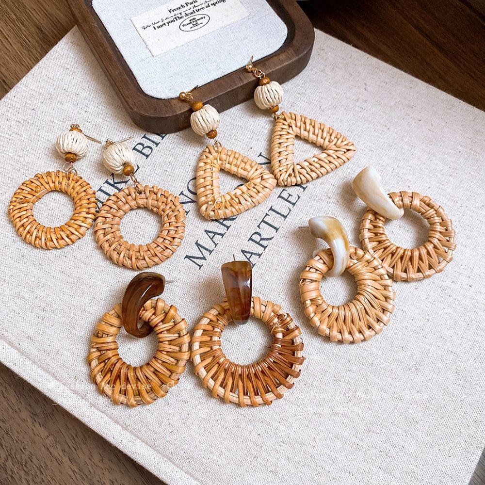 Beach Jewelry Bohemian Drop Earrings Round Geometric Earrings Retro Rattan Weave Earrings  Party