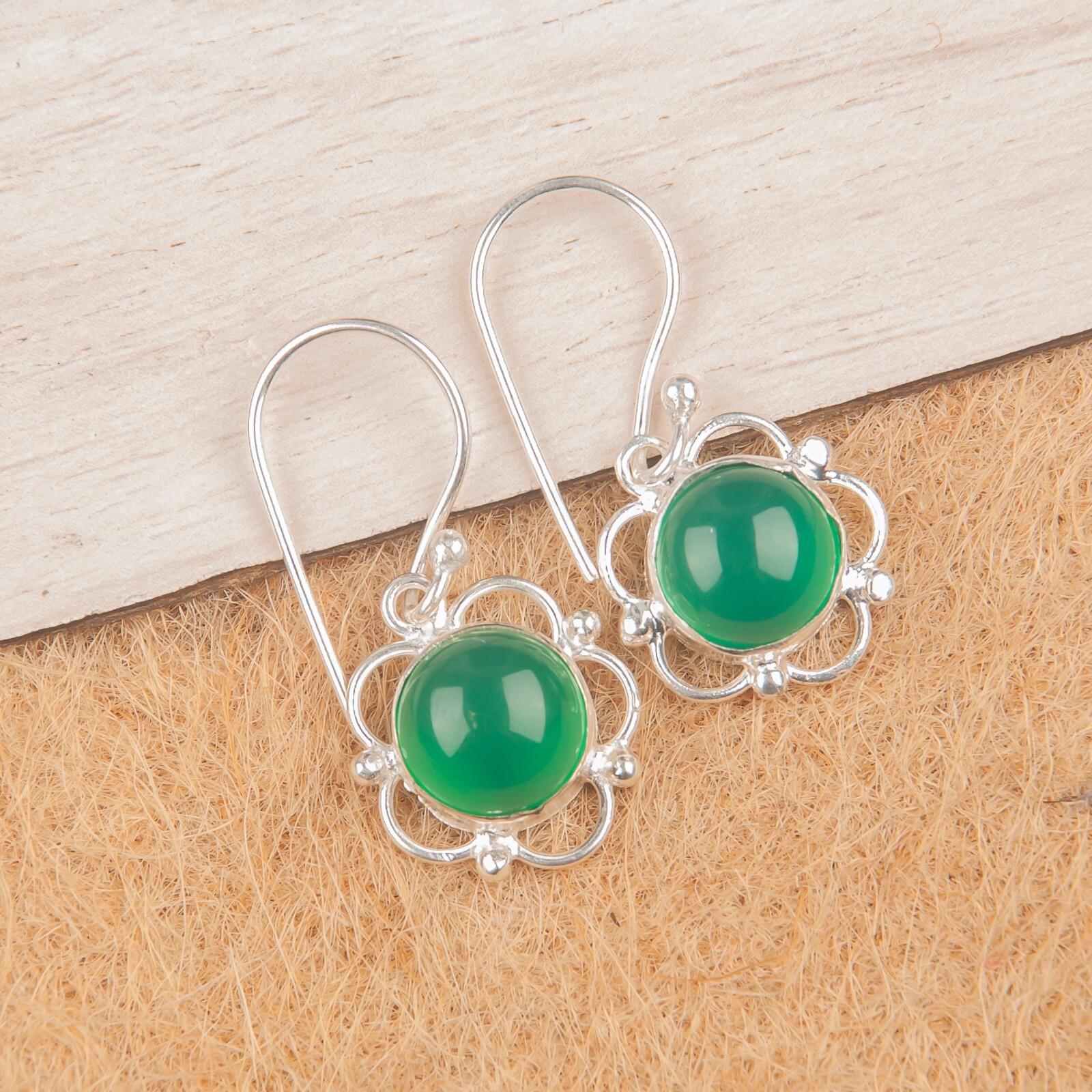 

Natural Green Onyx Cab Gemstone 925 Sterling Silver Hnadcrafted Earrings 1.40 EE-56-28
