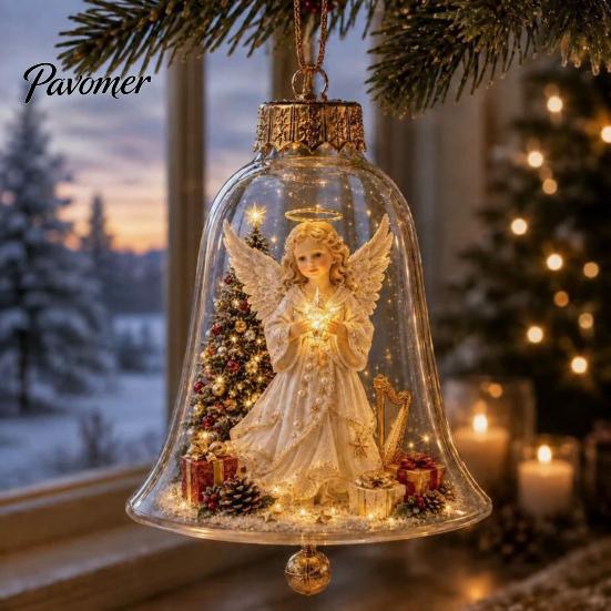 Christmas Gift for Family Friends 3D Bell Ornament, Winter Scene Clear Decoration with Santa Snowman Reindeer Decorative Spheres Angel Tree