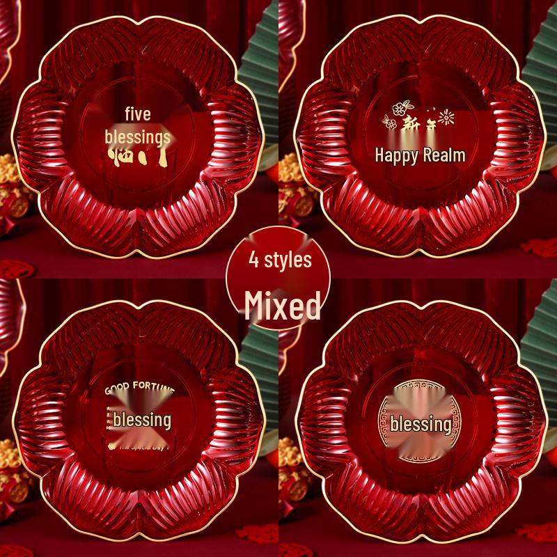 2026 New Year Red 'Fu' Character Fruit Plate with Sunflower Seeds and Candy Snacks for Festive Dining and Coffee Tables