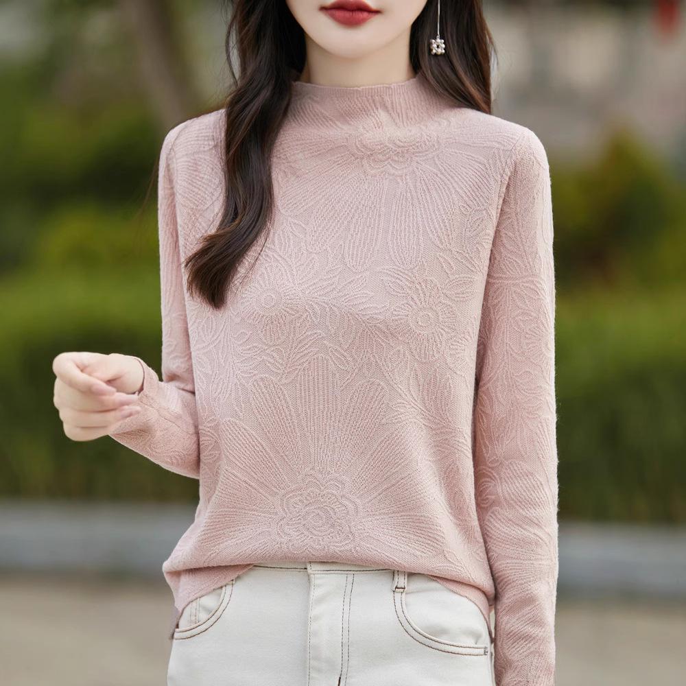 

Women s 3D Jacquard Long-Sleeve Semi-High Neck Sweater Top L