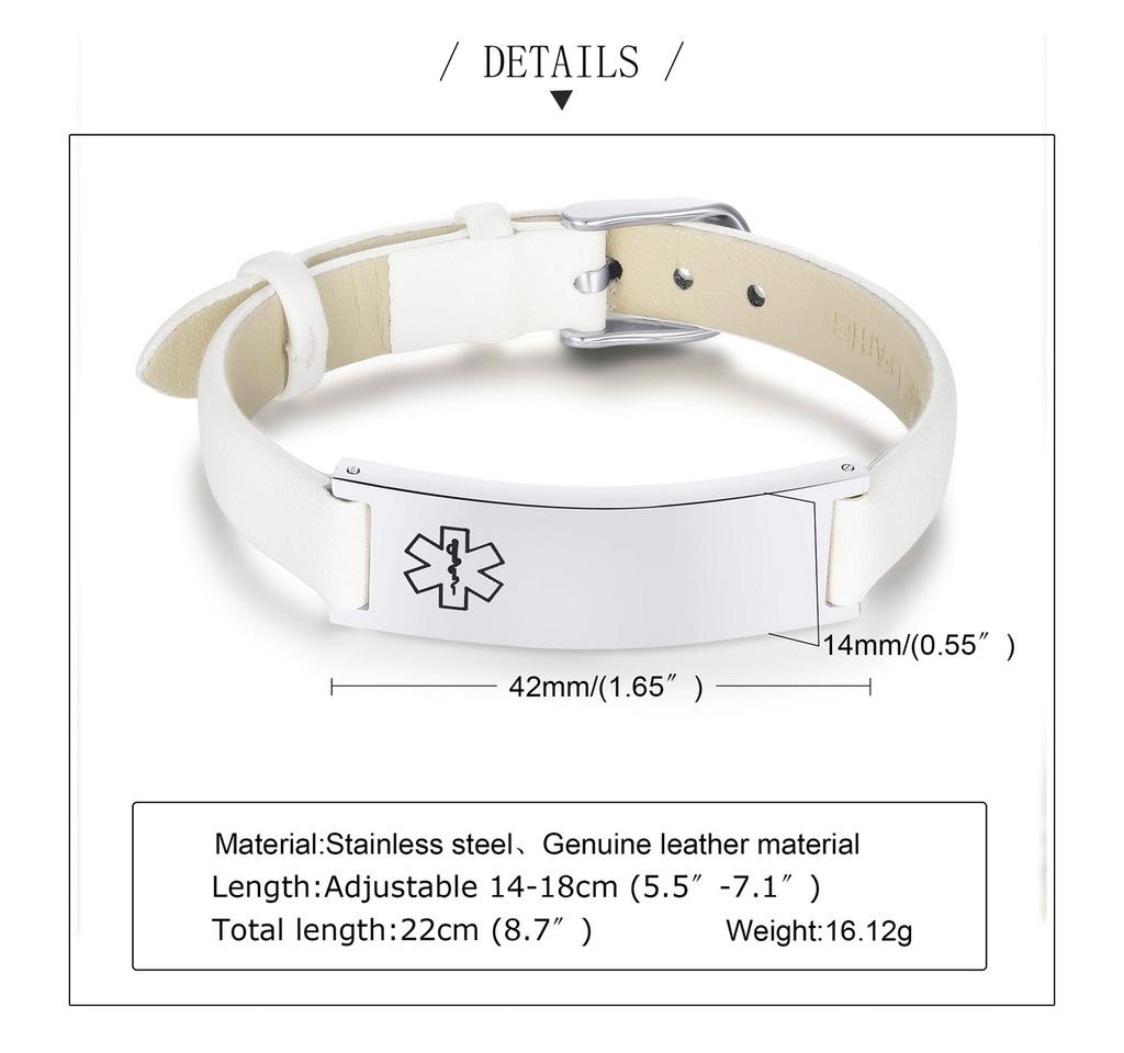 Braccialetti ID di Allerta Medica con Incisione Gratuita da Donna, Braccialetti Wrap con Catena in Pelle Regolabile Personalizzati per Ansia Diabete di Tipo 2