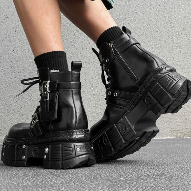 Couple Dark Motorcycle Boots Heavy Metal Platform Ankle Boots Men Women Punk Leisure Leather Shoes Knight Boots Botas Para Mujer