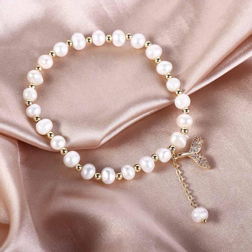 Girls Simple Charms Crystal Women Temperament Pearl Bangles Beads Whale Fishtail Bracelets Pendant
