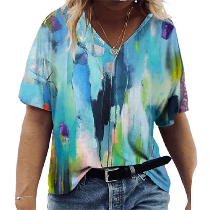 Women's T-shirts Summer Gradient Graphics Tops V-Neck Fashion Female Vintage Clothing Floral Print Tees Loose Oversized T-Shirts