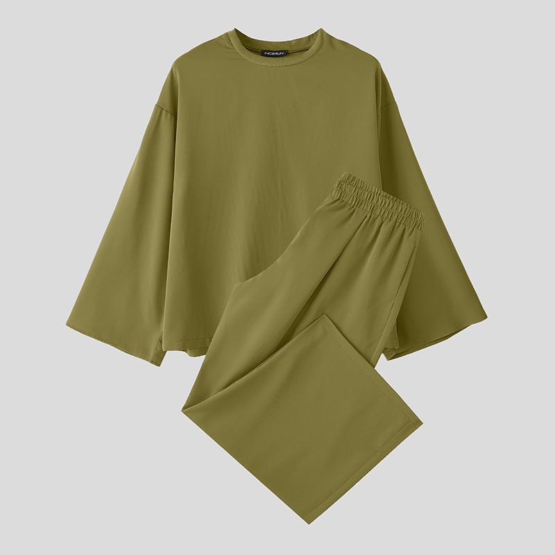 INCERUN Two Piece Suit Men Drop Shoulder Long Sleeve Tops Long Pants Casual Sets