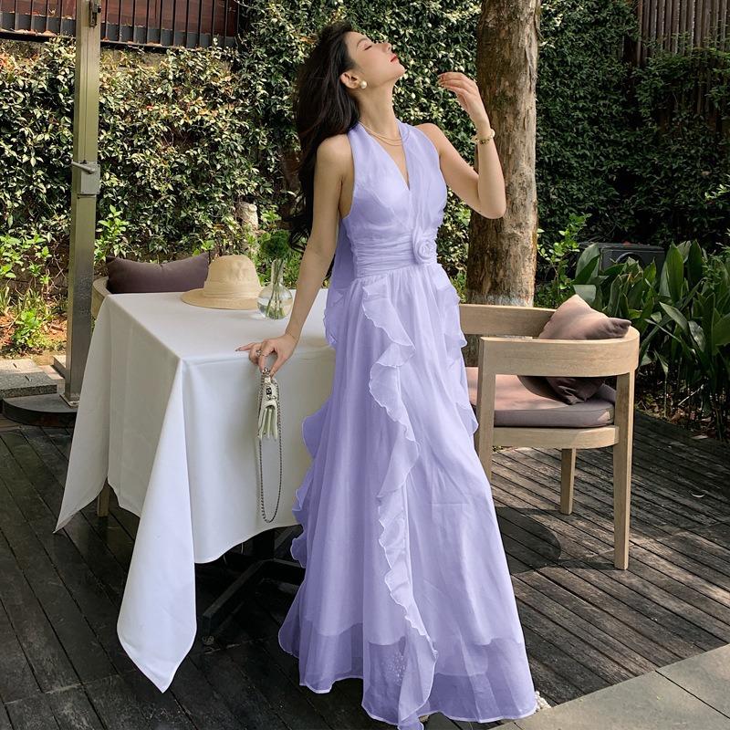 Sleeveless Collar Neck Gentle Temperament Fungus Edge Backless Dress Beach Dress