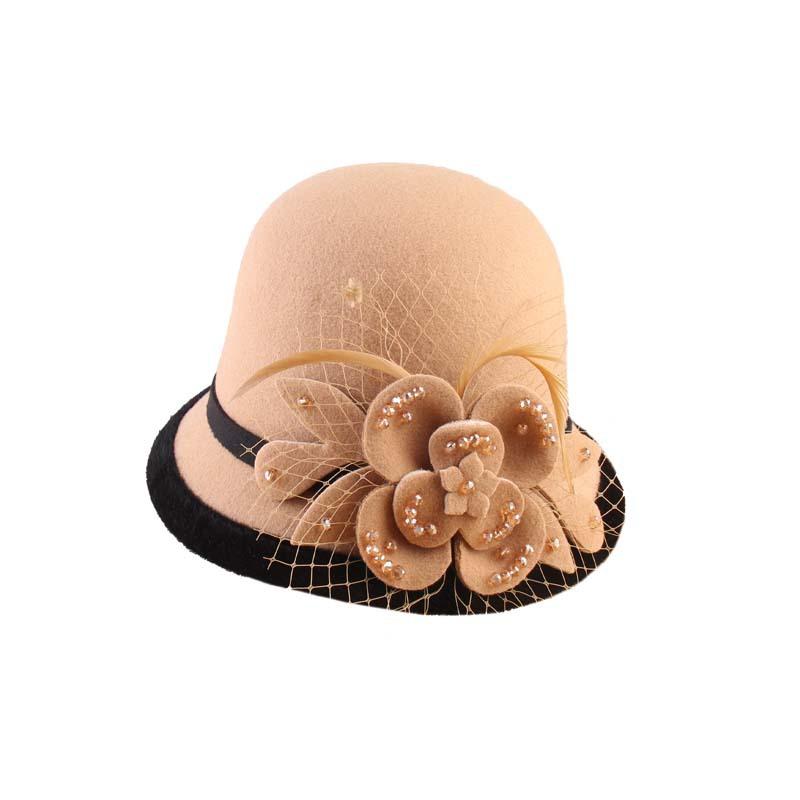2023 European And American Woolen Top Hat Bucket Hat Women'S Handmade Mesh Flower Felt Hat Autumn And Winter Warm Basin Hat