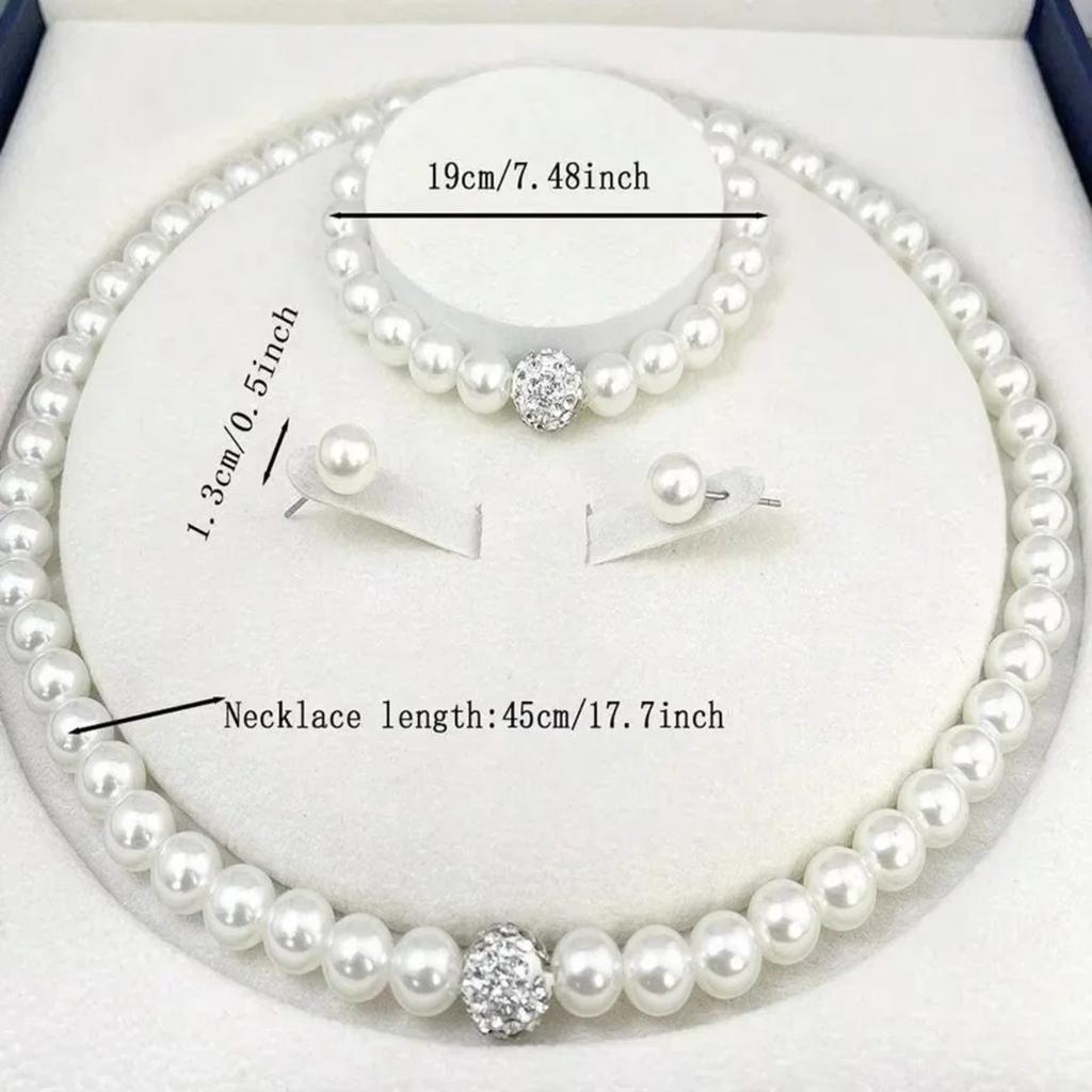 3pcs Imitation Pearl Ball Necklace Bracelet Earring Stud Jewelry Set Silver Color Crystal Stone Elegant Bridal Jewelry Gift