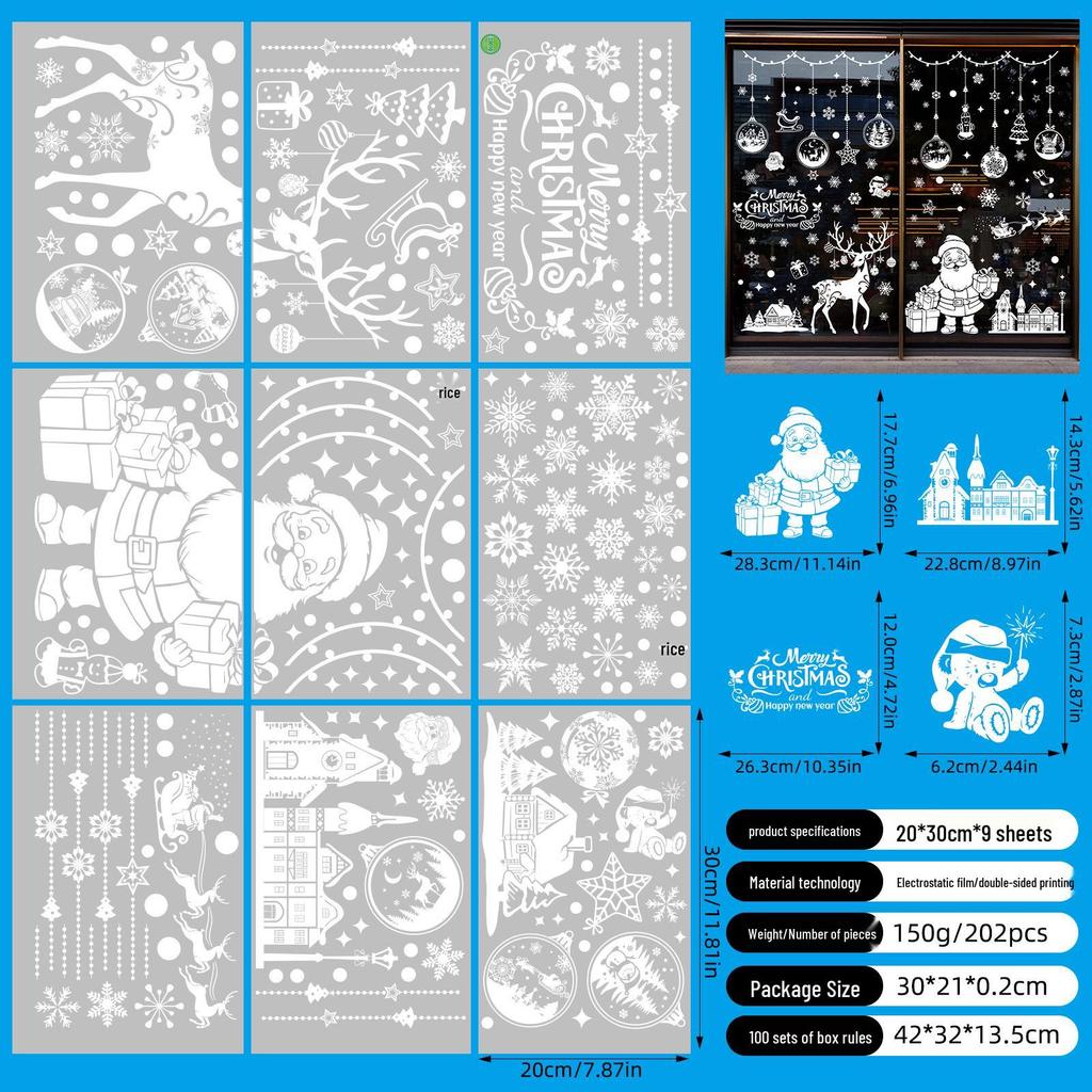 Christmas Snowflake and Reindeer Wall & Window Stickers - Static Santa Claus Decor for Refrigerator and Shops