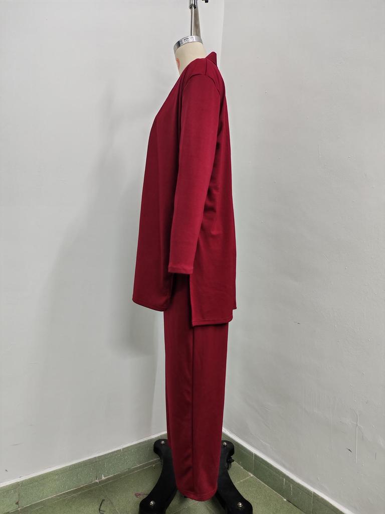 Ensemble trois pièces unicolore pour femme Printemps/Automne 2026: Haut à col rond, Manches courtes, Pantalon long, Manteau de longueur moyenne