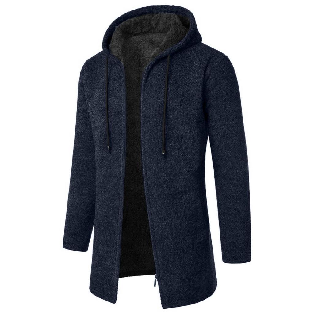 Men's Medium Long Coat Hooded Plush Plaid Knitting Drawstring Coat Sweater Warm Solid Color Jackets Tops