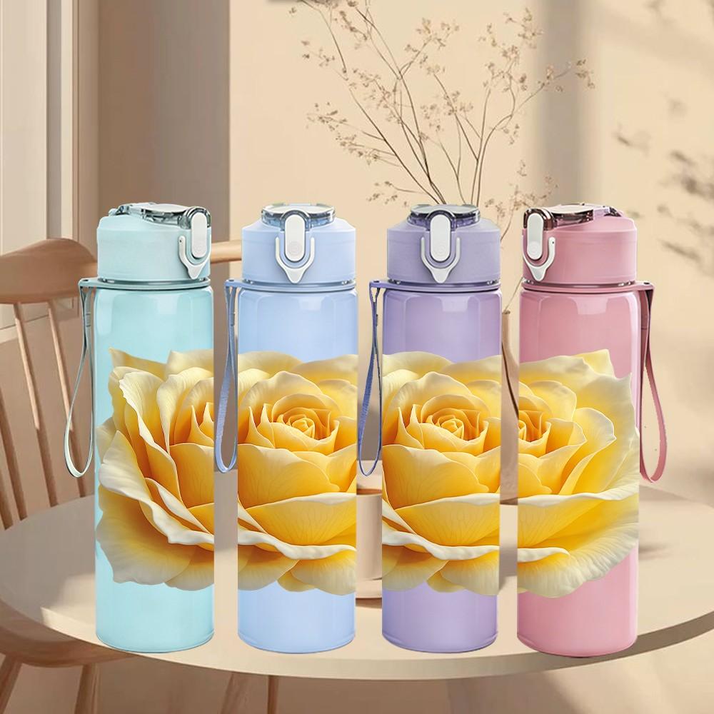 1PC Yellow Rose Flower Bloom Art Print 750ml Color Plastic Sports Water Bottle Leakproof Flip Straw Lid Suitable for Sports Office Home Use