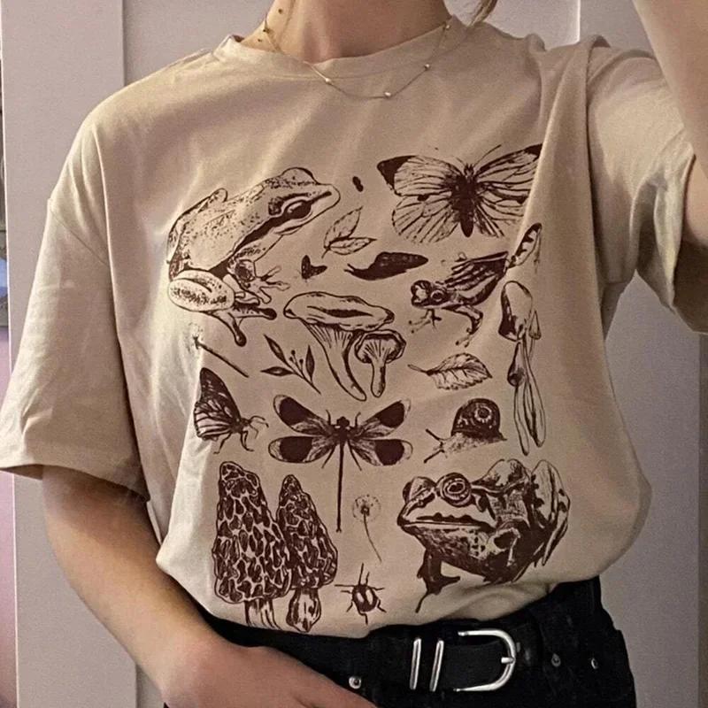 

Cute Cottagecore Aesthetic Frog Mushroom Print Shirt Fashion Women Street Plus Size Tshirts Casual Short Sleeve Graphic Tops XL
