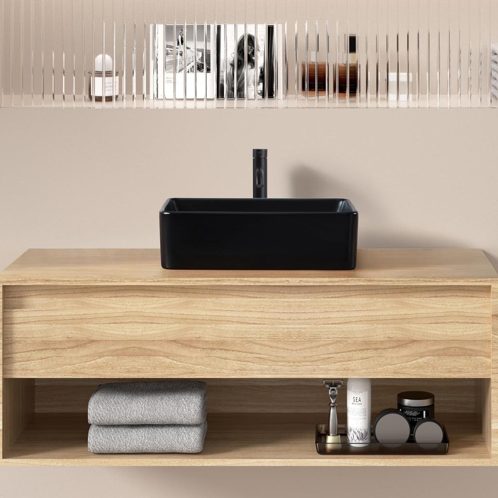 Mit exklusivem Abfluss von JOMOWN Handwaschbecken Freistehendes Handwaschbecken Keramik-Handwaschbecken [Wird im Set geliefert] Waschbecken, Schwarz, Schüssel, Stilvoll, Klein, Waschbecken,