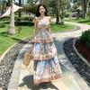 Bohemian Hollow Out Spaghetti-Strap Tiered Maxi Dress for Women Summer Sleeveless Backless Tie Up Slim Printed Beach Dress