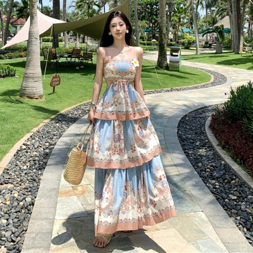 Bohemian Hollow Out Spaghetti-Strap Tiered Maxi Dress for Women Summer Sleeveless Backless Tie Up Slim Printed Beach Dress