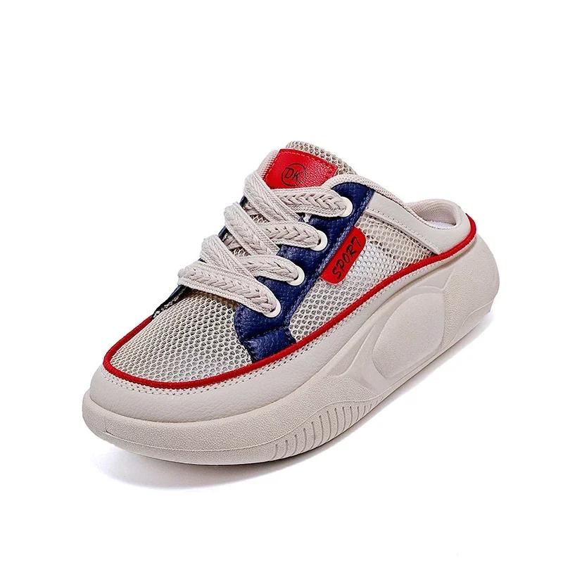 

Модные новые женские туфли 2024 года, модные сетчатые дышащие женские тапочки, подходящие по цвету, со шнуровкой на носке и средним каблуком, женские тапочки 40 синий