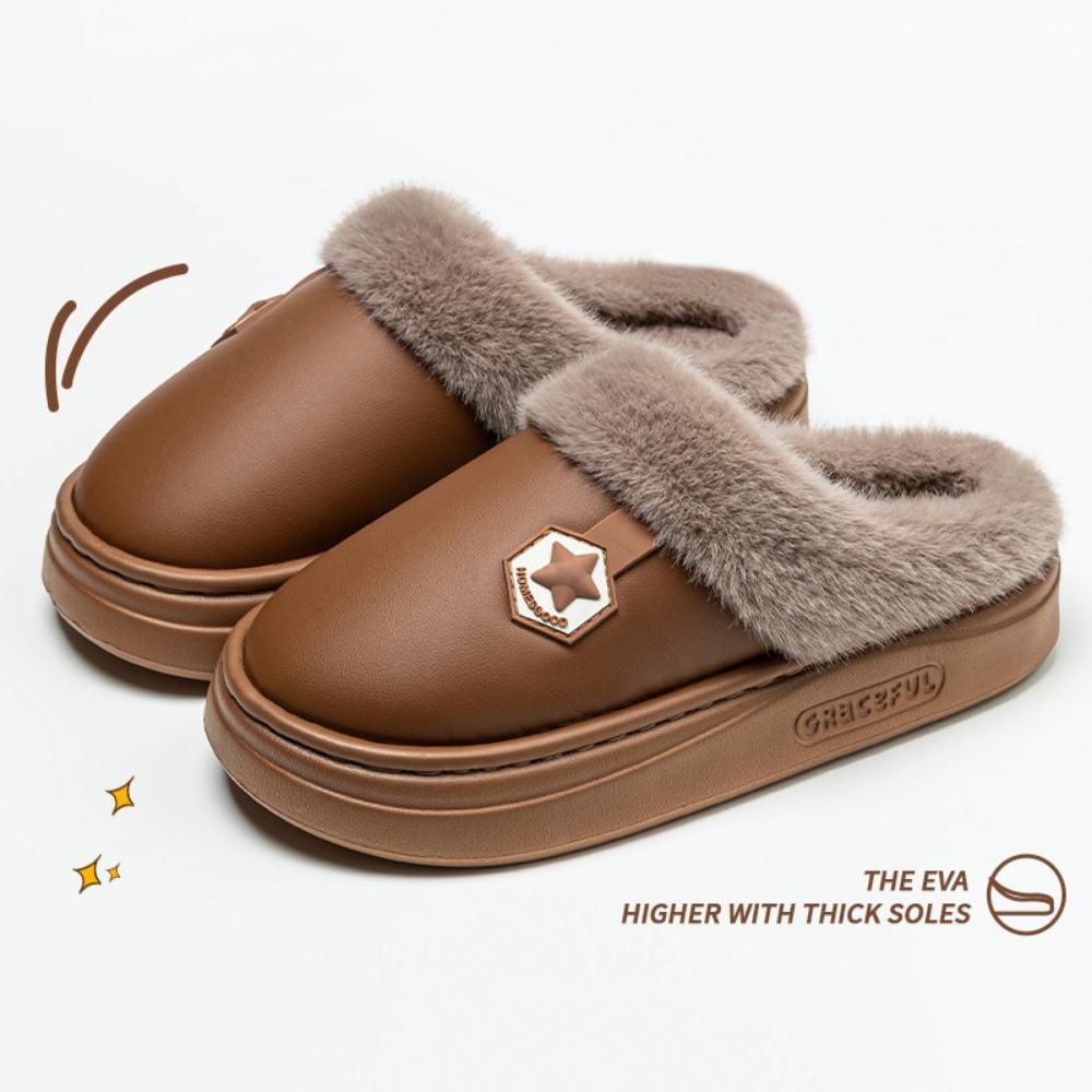 Unisex Closed-Toe House Slippers with Plush Lining, PU Upper, Thick EVA Sole and Slip-On Design for Indoor Winter Wear