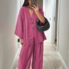 Women's Solid Color V Neck Two Piece Outfit Casual Wide Leg Pants Loungewear Set