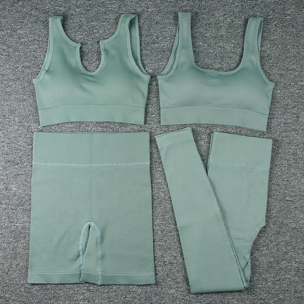 Women's Ribbed Seamless Yoga Set: Striped Sports Bra, Tank Top, Long Pants, and Shorts