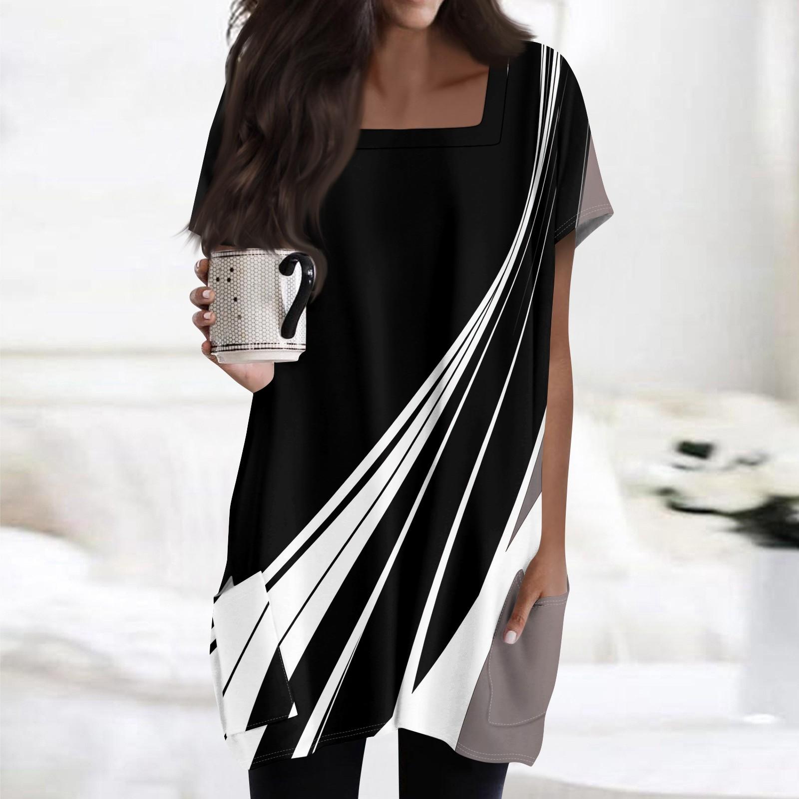 

Женские топы с квадратным воротником, короткие рукава, блузки, повседневные рубашки средней длины, модные туники с принтом и карманами XXL