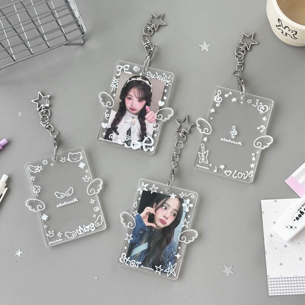 Acrylic 3-inch Photocard Holder with Angel Wings Graffiti Style Kpop Photo Card Protector with Keychain Card Cover