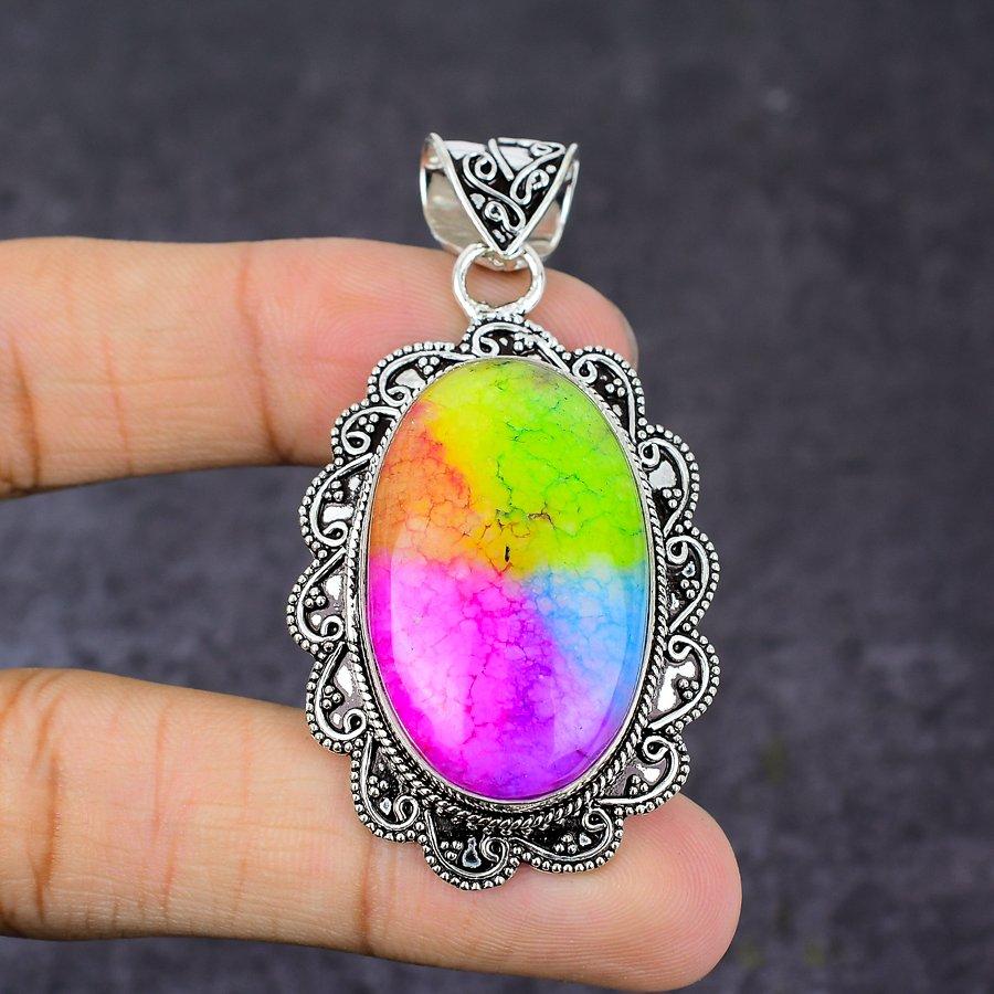 Pingente de prata esterlina 925 feito à mão com pedra preciosa de quartzo solar arco-íris 2,56" Q8A14
