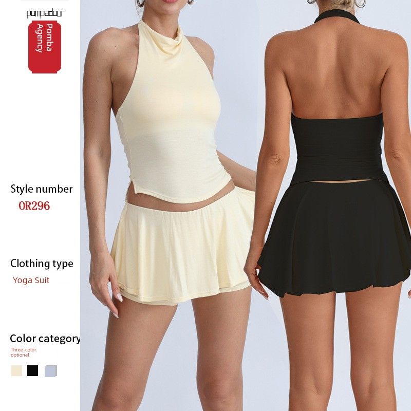 Foreign Trade Sports Fitness Includes Chest Pad Hanging Neck Yoga Beauty Back Running Top Anti-exposure Quick-Drying Tennis Short Dress Set