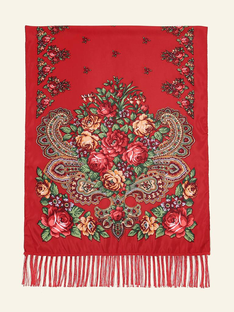 Flower Print Black Tassel Scarf Vintage Windproof Shawl Women Outdoor Windproof Head Wrap Boho Hijab Turban 170*65Cm