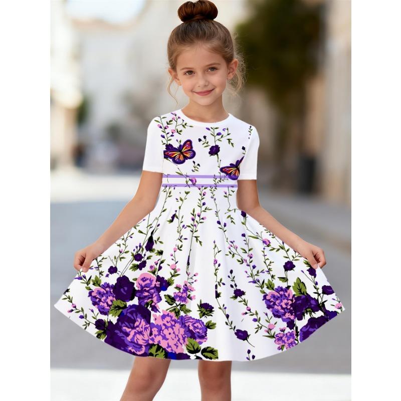 White And Lavender 3D Floral Dress for Girls with Short Sleeves, Perfect for Summer Parties 110