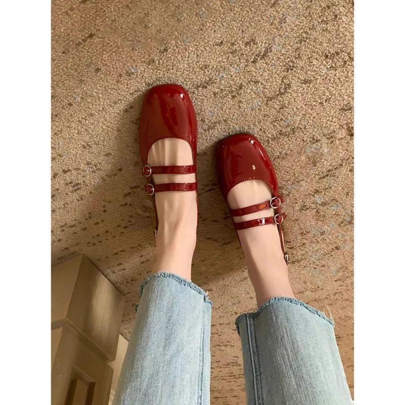 French Retro Square Head Double Buckle with Empty Sandals Women's Summer New Thick Heel Mary Jane Shoes Soft Leather Single Shoes Middle Heel