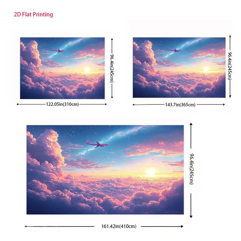 2D Dreamy Room Backdrop, Airplane Flying Over Cotton Candy Clouds At Sunset Background
