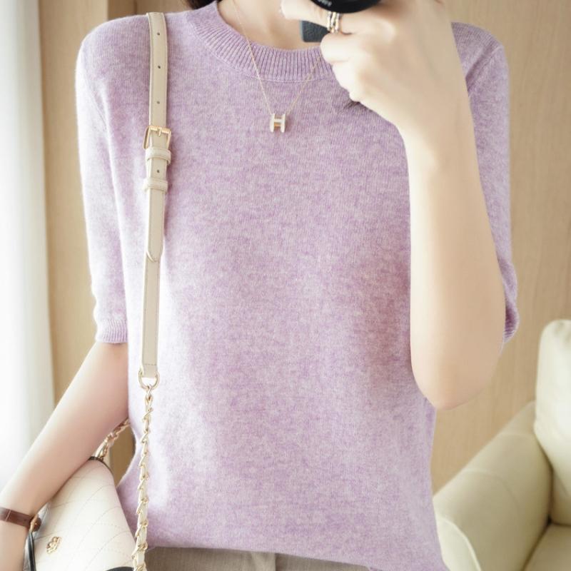 Women's Spring and Summer Short-sleeved Women O-neck Slim Pullover Vest T-shirt Knitted Base Sweater