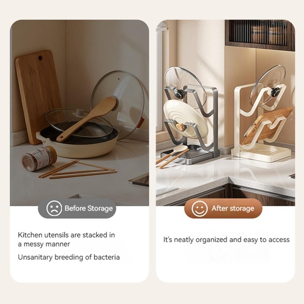Metal Pot Lid Holder with Drip Tray and Spoon Rest Kitchen Pot Lid Storage Rack Multifunctional for Cabinet Stove Top