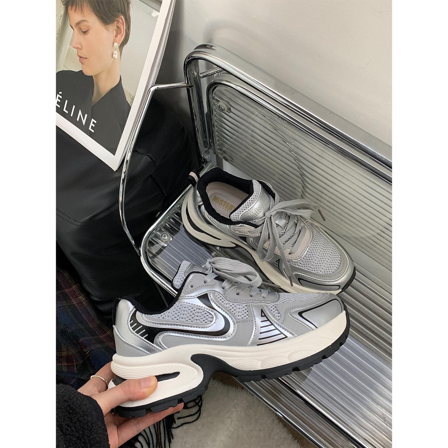 

Raised platform dad shoes women s ins super fire 2025 new spring lace-up casual sports shoes 40 серебряный