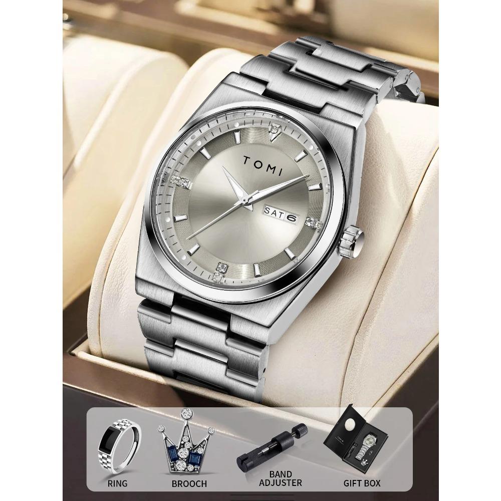 

MensWatchBusinessSet BoxQuartz Watch Steel Band CalendarWatchNightLightLifeWaterproofWristWatchwith Cuff RingforMenGift серебряный серый