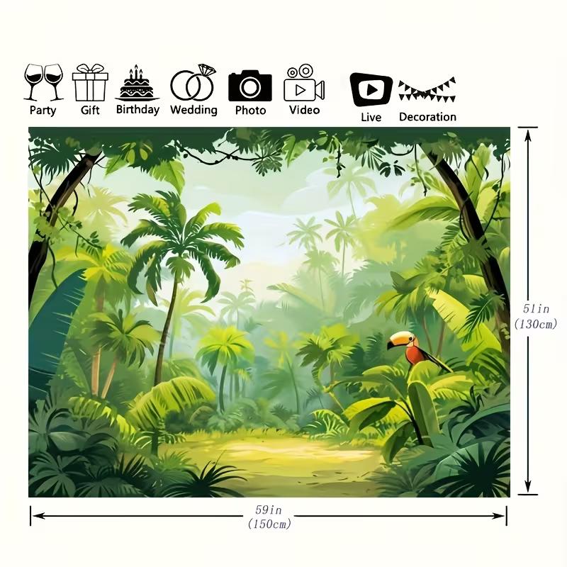 2D Cartoon Jungle Backdrop, Tropical Rainforest with Palm Trees & Toucan Party Photography Background