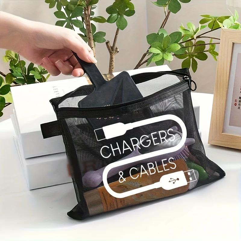 Large Capacity Nylon Makeup Bag with Charger Cable Print - Portable Travel Toiletry Organizer,Zipper Closure,Travel Cosmetic Bag