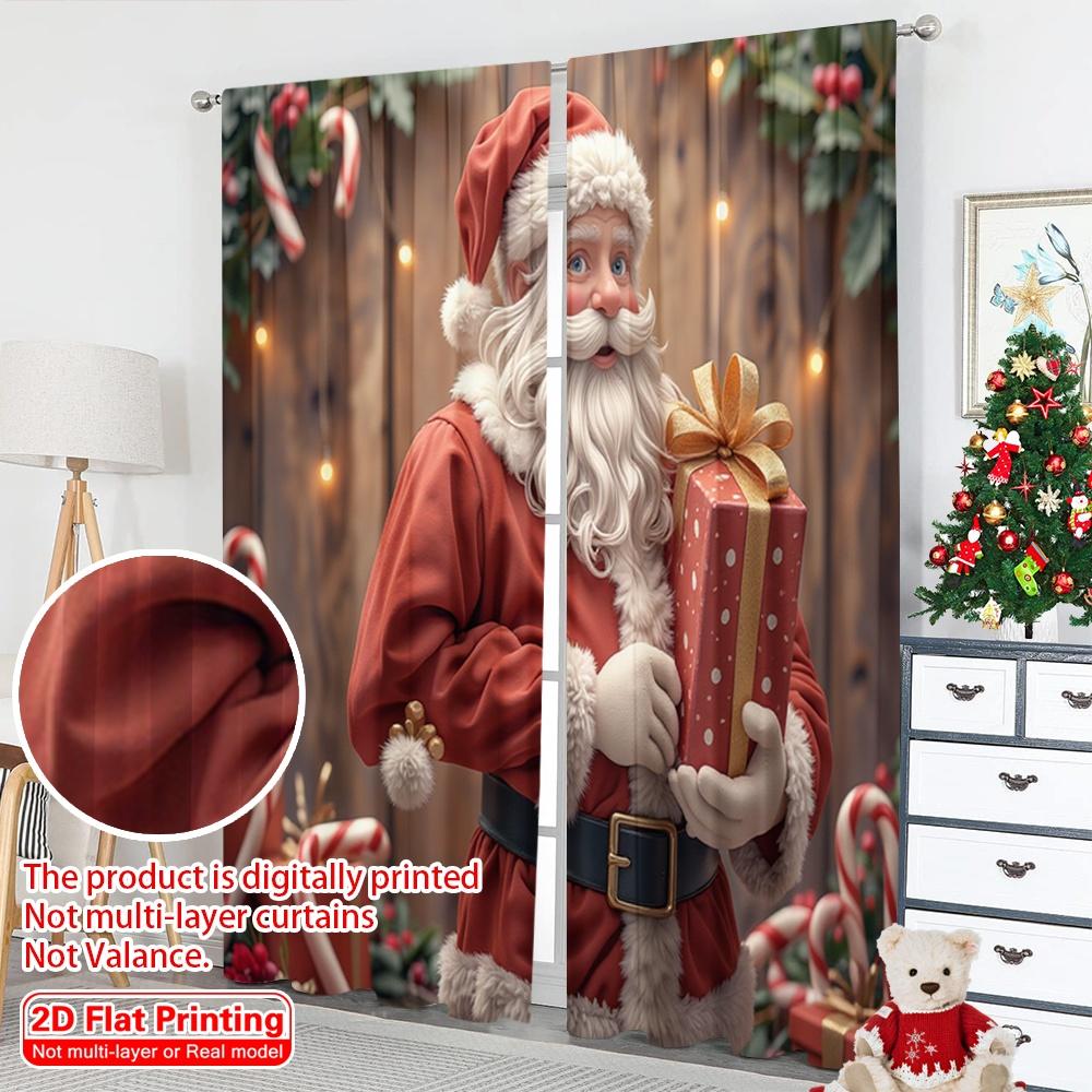 2pcs 2D Flat Printing Christmas Window Drapes Santa Claus Gifts Christmas Festive 100% Polyester Without Electricity Holiday