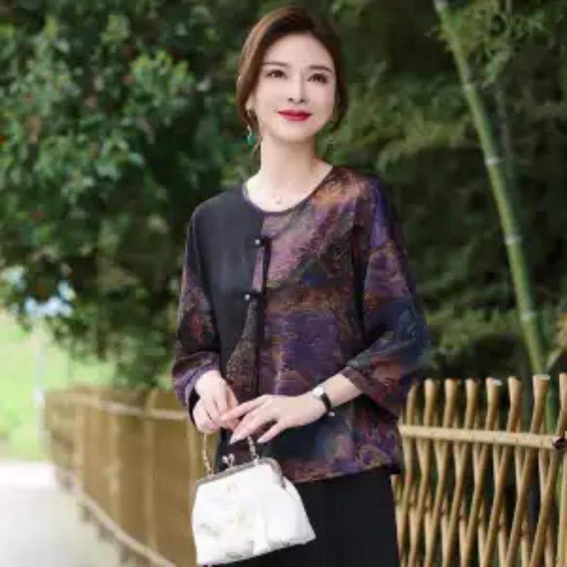 Damen Frühlings Herbst Chinesischer Stil Landschaftsdruck Bluse 3/4 Ärmel Lässiges Oberteil