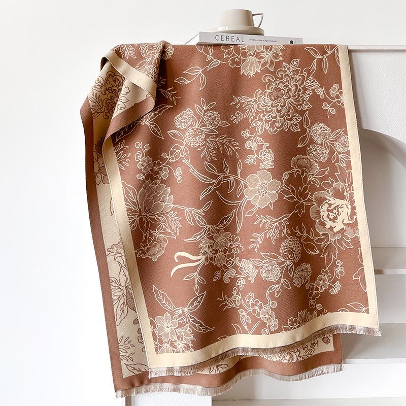 Flower And Plant Texture Double-Sided Scarf, Winter High-End Warm Shawl, Outer Cover For Women
