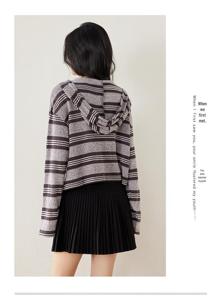 Women's 2025 Striped Hooded Loose Knitwear - Spring & Autumn Petite Top