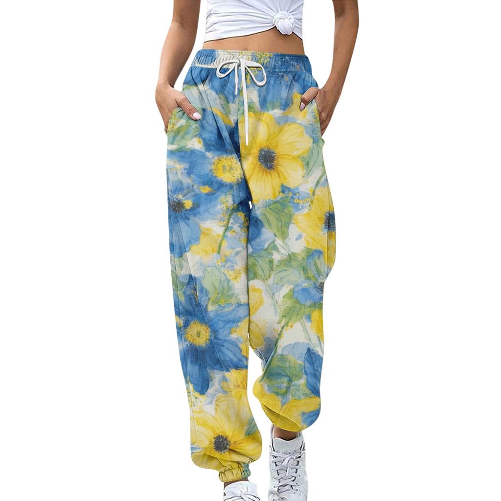 Women's Sports Pants With Pockets Fashion Floral Print Elastic Waist Pants Casual Sweatpants Pants