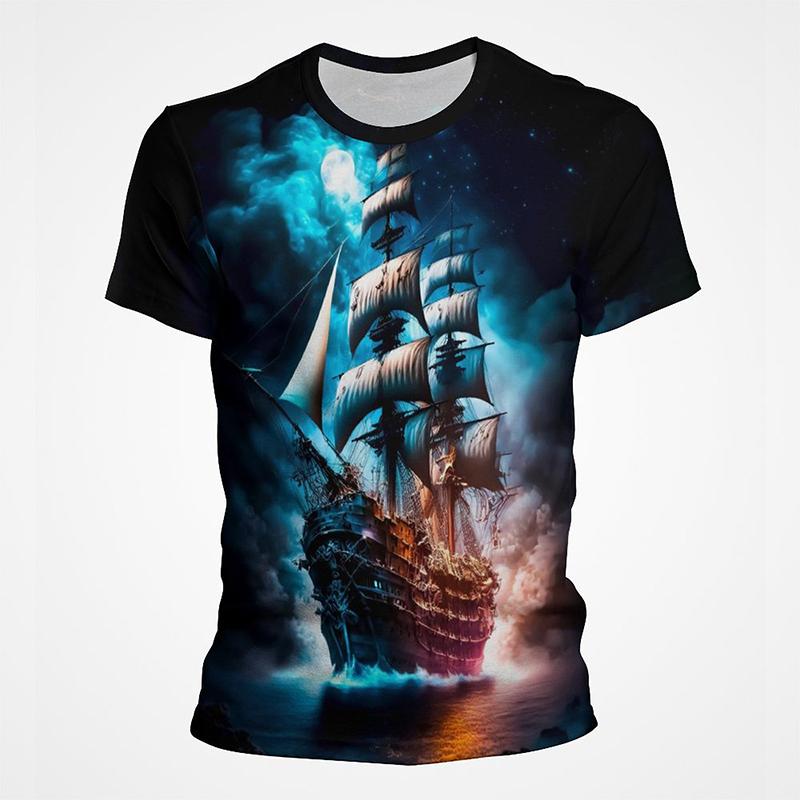 Segelboot Piratenschiff Grafik T-Shirts Herren 3D-Druck Kurzarm Tee Tops Lässig Herren Übergröße Streetwear T-Shirt Ropa Hombre