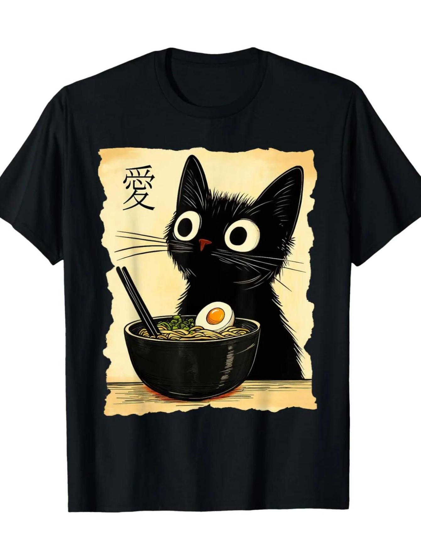 

Funny Kawaii Anime Cat & Ramen Graphic Tee - Men s Japanese Manga-Inspired T-Shirt with Japanese Text Casual Round Neck Shirt 4XL