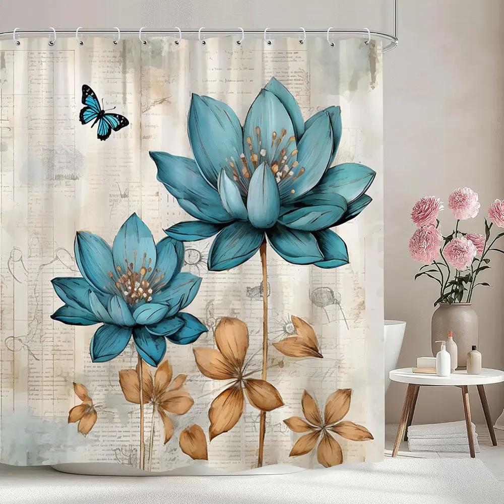 Dragonfly Pattern Printed Shower Curtain Watercolour Painting Botanical Flower Art Creative Fabric Shower Curtains Bathroom Deco