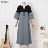 ZANZEA Women Casual V-neck Ruffles 3/4 Sleeve Loose Long Dress