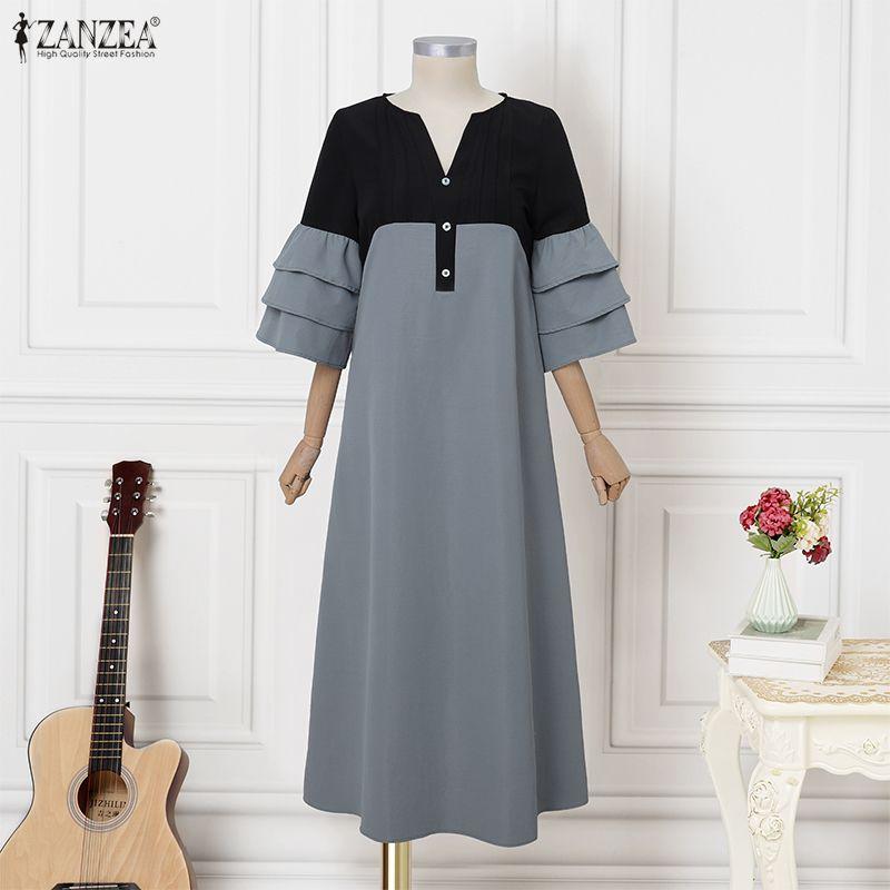 ZANZEA Women Casual V-neck Ruffles 3/4 Sleeve Loose Long Dress